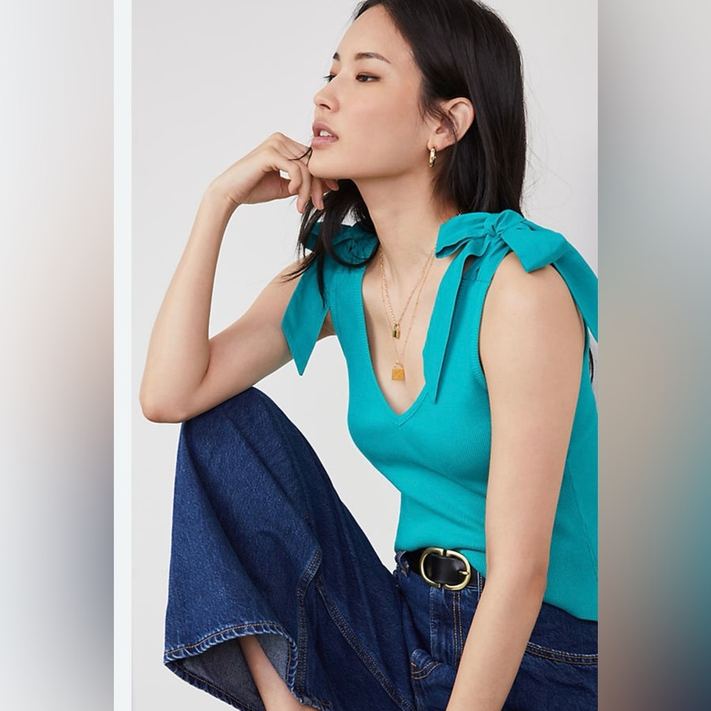 Anthropologie Maeve Teal tank Top, bow ties, size XS